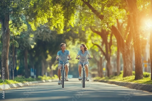 Wallpaper Mural Young couple enjoying a leisurely bicycle ride in a serene sunlit park surrounded by lush greenery and trees during a warm summer evening. Torontodigital.ca