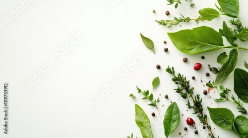 Herbs and spices arrangement on light background with empty space for text in culinary or food related design concepts photo