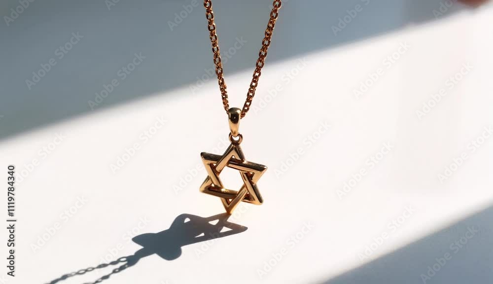 Gold Star of David necklace casting a shadow on white surface 