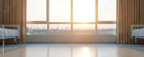 A serene hospital room with two empty beds, large windows allowing warm sunlight to pour in, creating a peaceful atmosphere.