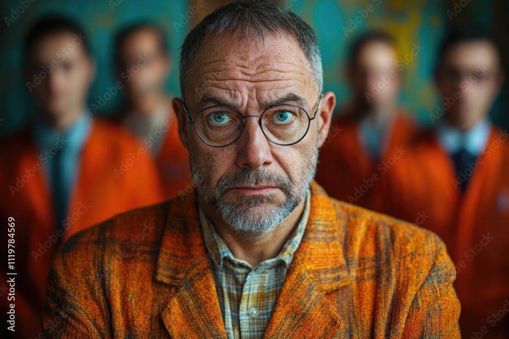 A man wearing glasses stands among a group of men, possibly discussing or presenting information A man wearing glasses stands among a group of men, possibly discussing or presenting information