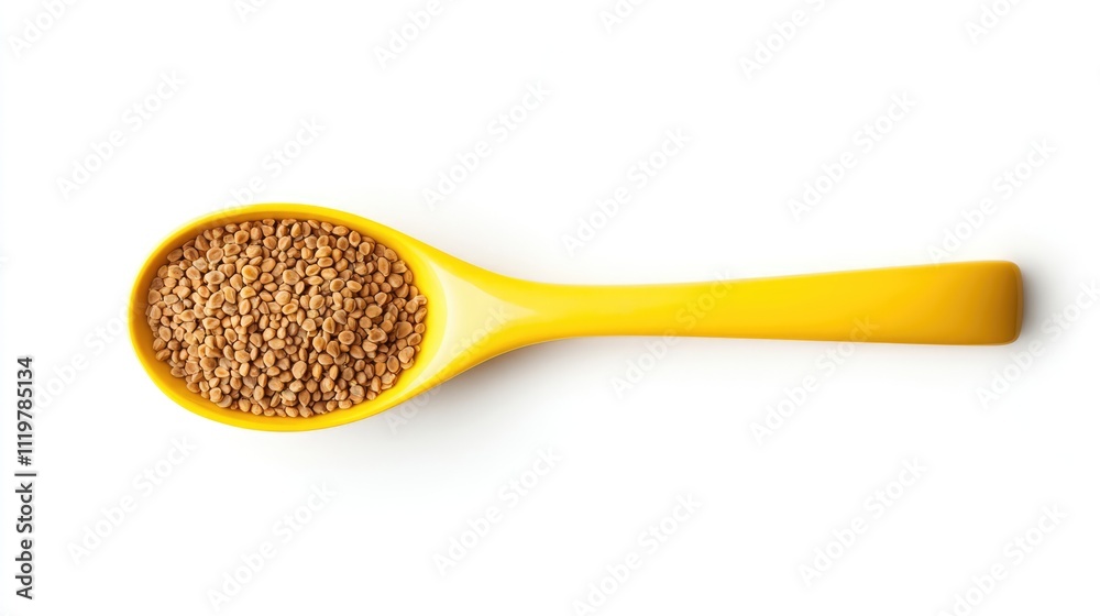 Fenugreek seeds in vibrant yellow spoon on clean white background showcasing natural seasoning and culinary ingredients