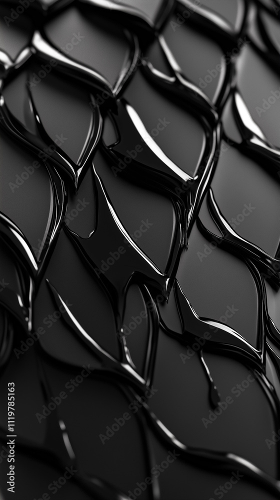 A textured surface with dark jagged scales features black liquid drips on a low-light backdrop