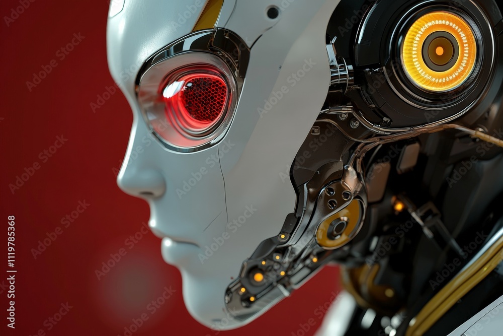 Detailed view of a futuristic humanoid robot with glowing features and intricate mechanical design Detailed view of a futuristic humanoid robot with glowing features and intricate mechanical design