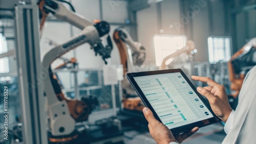 An AI analytics interface featuring predictive maintenance alerts alongside a technician analyzing data on a tablet while machines operate in the background.