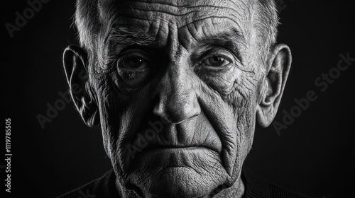 Close-up black and white portrait of a senior man's face showing age, wrinkles, and serious expression.