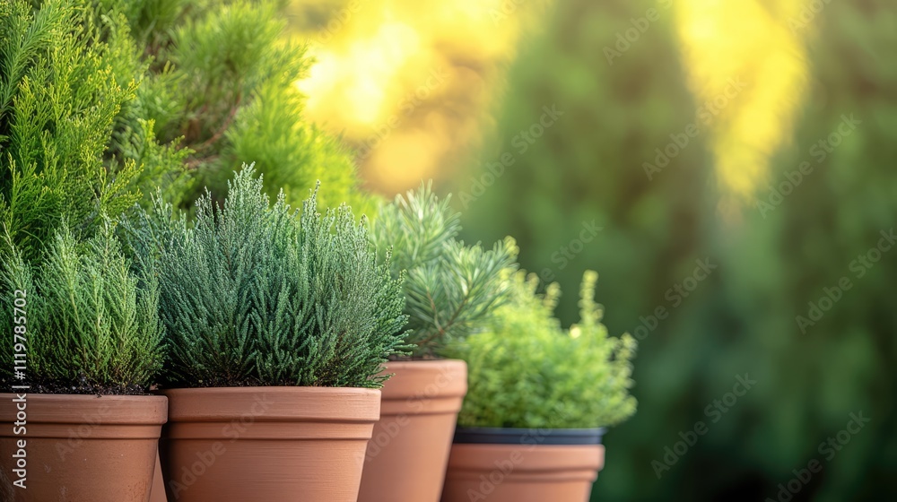 Young Cupressus macrocarpa conifer plants in terracotta and plastic pots, thriving in a greenhouse with soft natural lighting, greenery, horticulture, gardening, plant care. Young Cupressus macrocarpa conifer plants in terracotta and plastic pots, thriving in a greenhouse with soft natural lighting, greenery, horticulture, gardening, plant care.