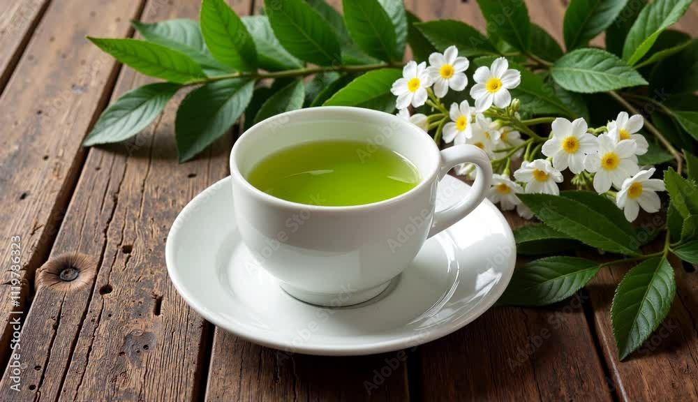 Jasmine flower green tea in a cup with leaves and blossoms on a wooden table