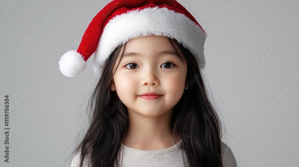 Adorable young girl with long dark hair wearing a festive red and white Santa hat, smiling on a neutral gray background, Christmas, holiday cheer, portrait, joyful expression. Adorable young girl with long dark hair wearing a festive red and white Santa hat, smiling on a neutral gray background, Christmas, holiday cheer, portrait, joyful expression.