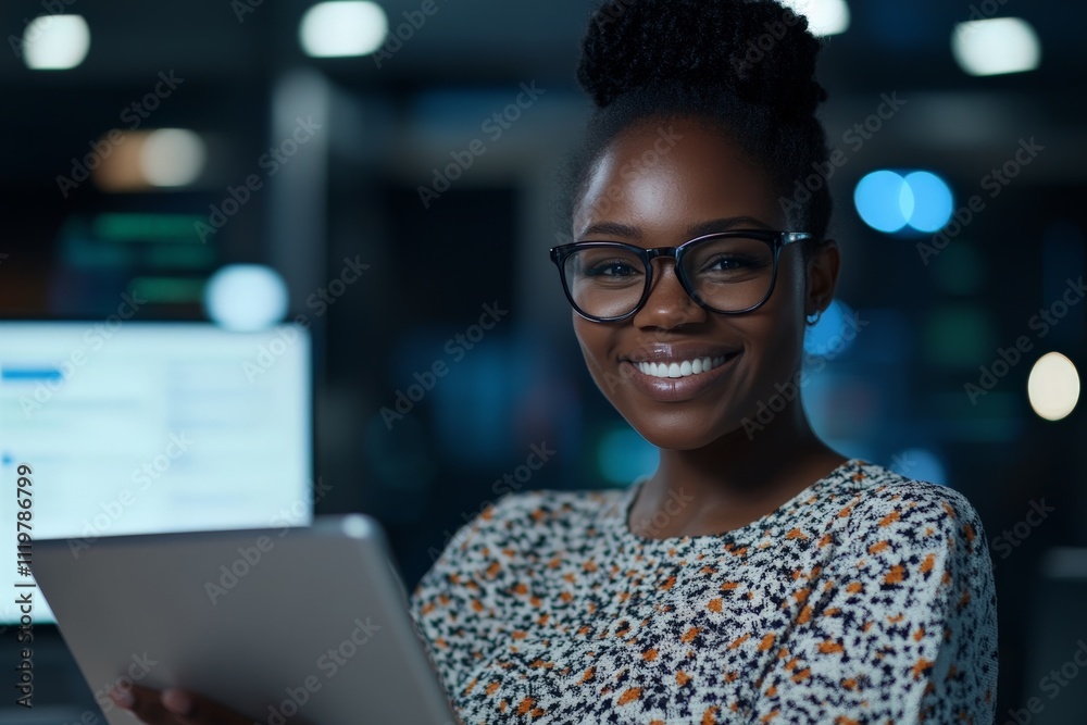 Young woman with glasses smiles while using a tablet in a modern office setting at night Young woman with glasses smiles while using a tablet in a modern office setting at night