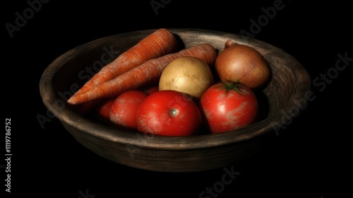 Dark retro wooden bowl filled with fresh vegetables including carrots, potatoes, and tomatoes, set against a black background, ideal for food and culinary themes, rustic decor, still life. photo