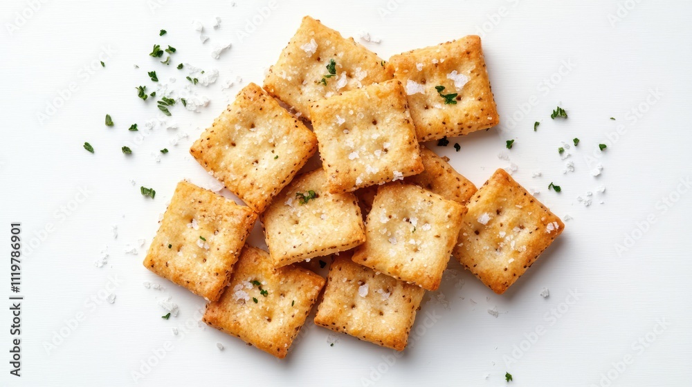 Crunchy salted crackers scattered on a white background with a touch of fresh herbs and sea salt for a savory snack appeal Crunchy salted crackers scattered on a white background with a touch of fresh herbs and sea salt for a savory snack appeal