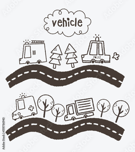 Set of cute kawaii doodle vehicles illustration for kids' travel, featuring a collection of adorable transportation designs