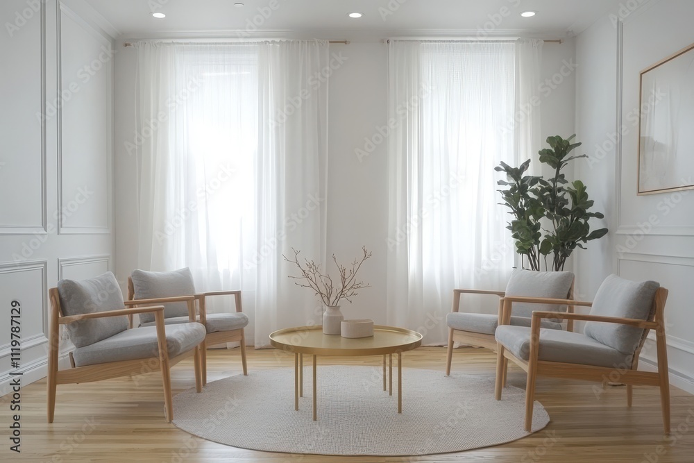 Fototapeta premium Minimalist living room Scandinavian design white walls with wainscoting