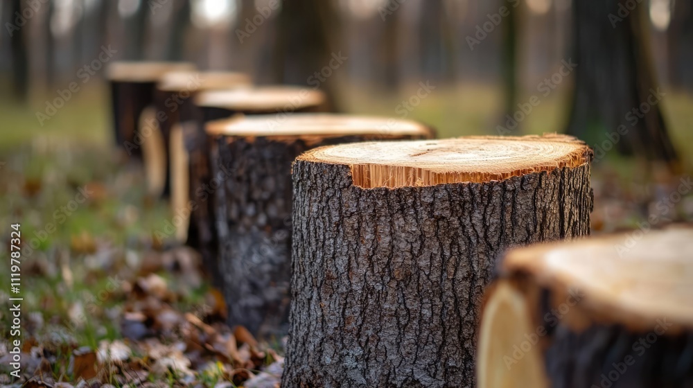 Tree stumps arranged in a forest setting with fallen leaves, featuring textured bark and smooth cut surfaces, emphasizing nature, forestry, environmental conservation. Tree stumps arranged in a forest setting with fallen leaves, featuring textured bark and smooth cut surfaces, emphasizing nature, forestry, environmental conservation.