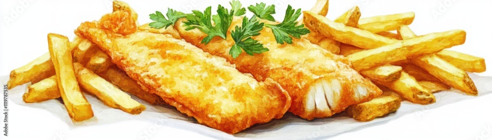 A plate of crispy fried fish fillets served with golden French fries and garnished with parsley. A plate of crispy fried fish fillets served with golden French fries and garnished with parsley.