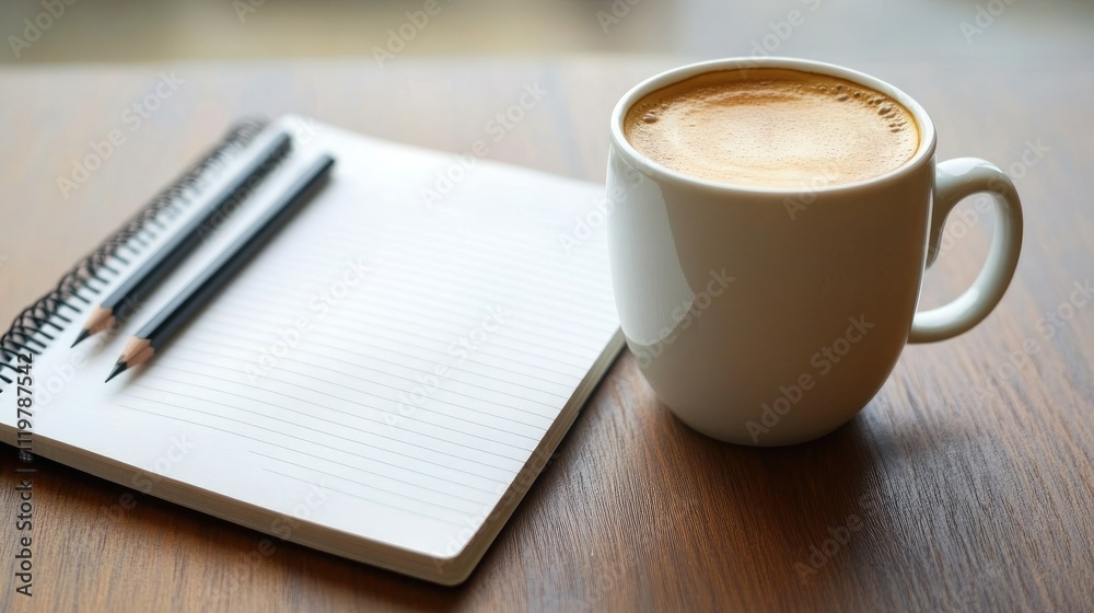 Modern minimalist desk with a sleek coffee mug, clean notebook, pencil, and pen, highlighting simplicity and productivity Modern minimalist desk with a sleek coffee mug, clean notebook, pencil, and pen, highlighting simplicity and productivity