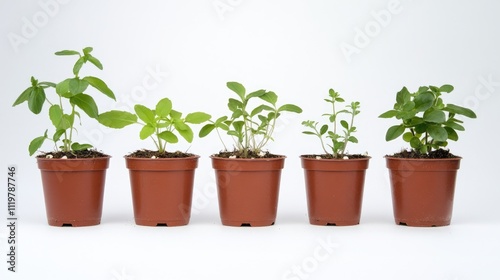 Five young potted plants in simple brown pots against a clean white background conveying freshness and growth in gardening or home decor contexts