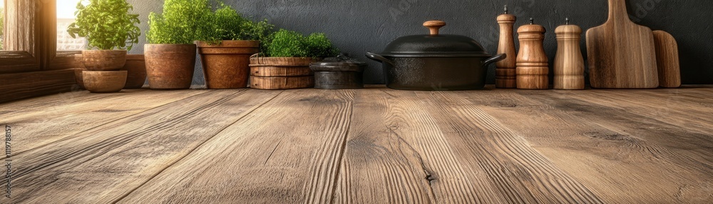 Fototapeta premium Warm Rustic Kitchen Wooden Table, Textured Surfaces, Cast Iron Pots, Heirloom Recipes Vintage Cooking Ambiance Discover the charm of a timeless kitchen design, perfect for creating cozy meals and