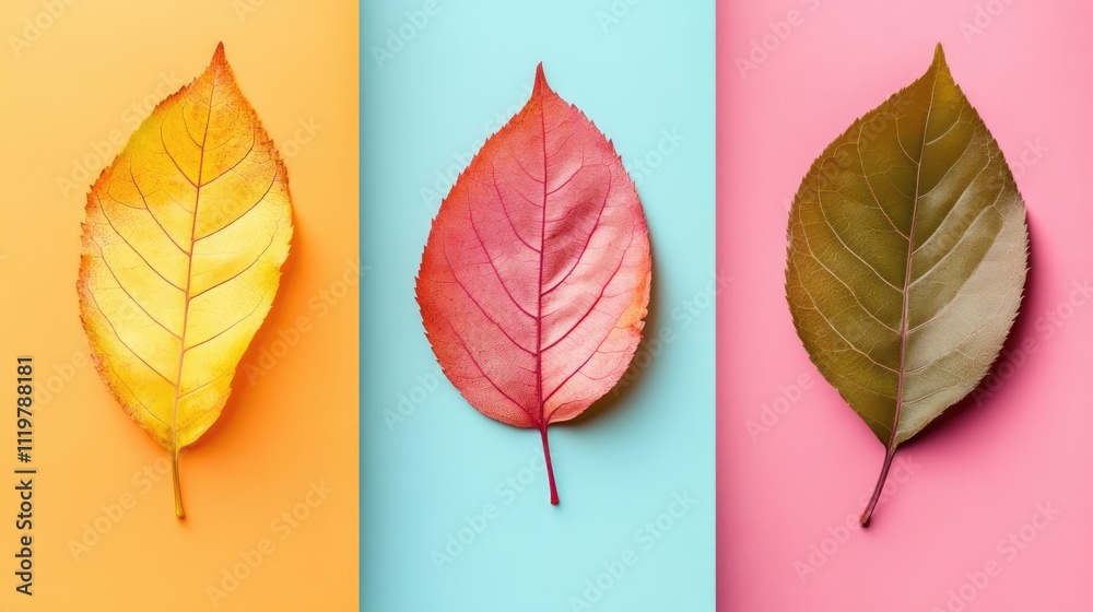 Obraz premium Colorful dry leaves arranged on vibrant backgrounds for creative advertising concepts and seasonal promotions.