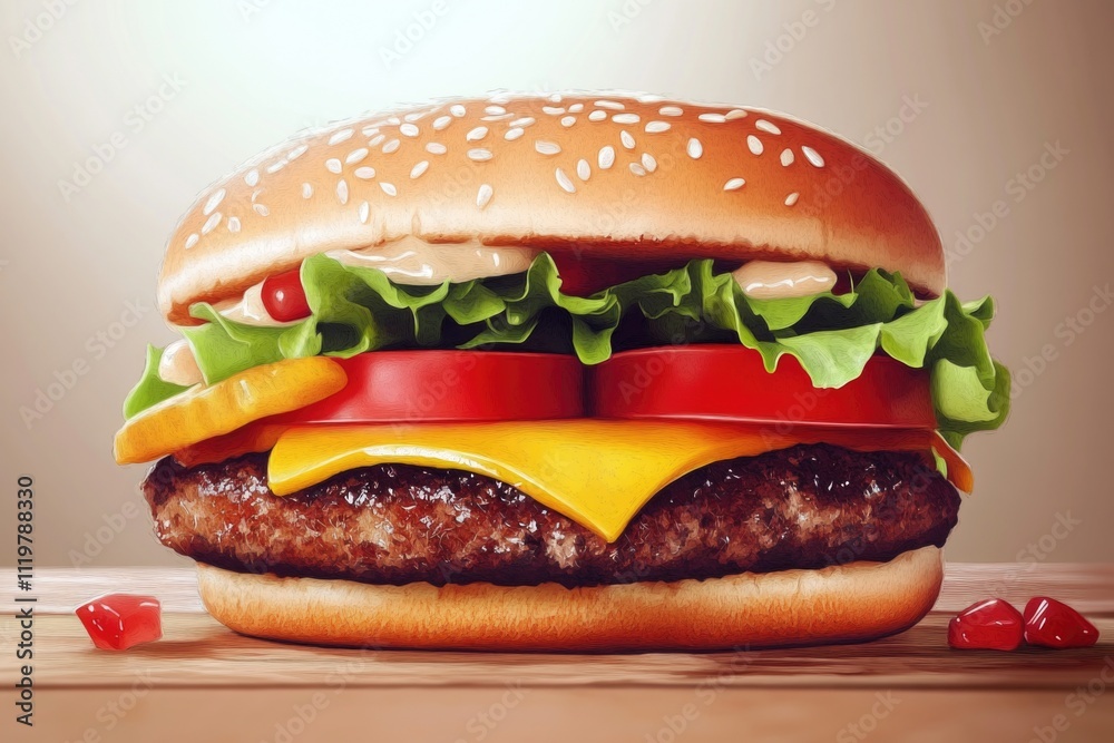 A juicy hamburger topped with crisp lettuce, ripe tomato, and melted cheese A juicy hamburger topped with crisp lettuce, ripe tomato, and melted cheese