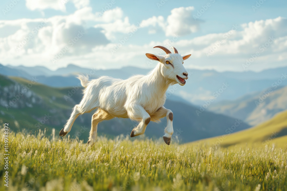 Obraz premium A happy goat jumping on a beautiful pasture at green hills.Farm animals.
