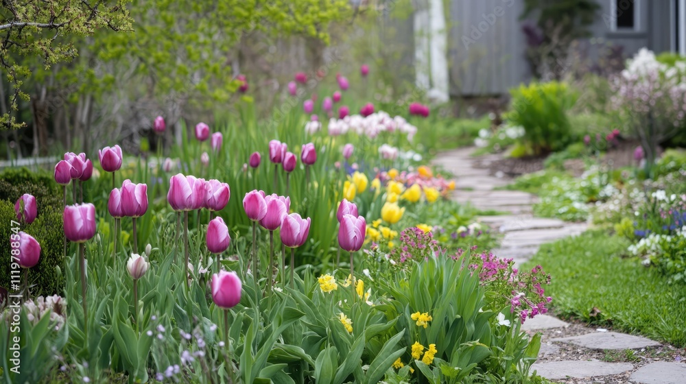 Vibrant spring flowers blooming along a stone pathway in a lush green garden setting Vibrant spring flowers blooming along a stone pathway in a lush green garden setting
