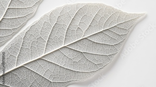 Detailed close-up of a dry leaf showcasing intricate leaf veins contrasted against a clean white background for nature and texture themes.