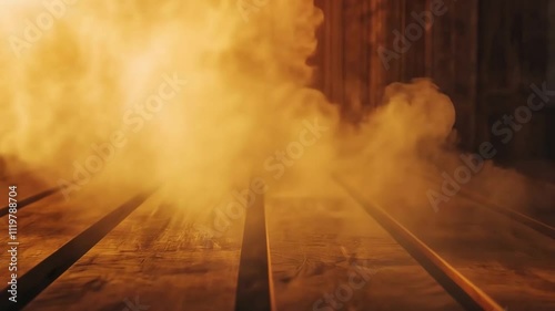 Warm steam rising on wooden sauna floor, golden light and relaxation atmosphere, water wellness concept