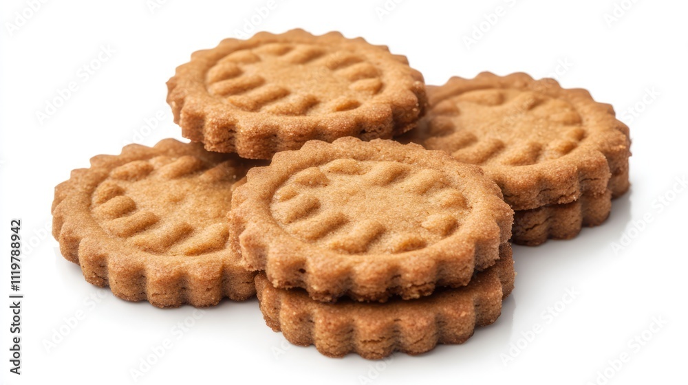 Delicious round cookies stacked on a white background ideal for dessert or snack related content Delicious round cookies stacked on a white background ideal for dessert or snack related content