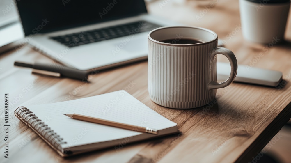 Modern minimalist desk with a sleek coffee mug, clean notebook, pencil, and pen, highlighting simplicity and productivity Modern minimalist desk with a sleek coffee mug, clean notebook, pencil, and pen, highlighting simplicity and productivity
