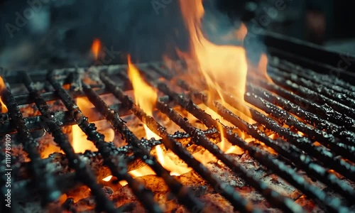 A close-up of a grill with flames and smoke, creating a dynamic cooking atmosphere.