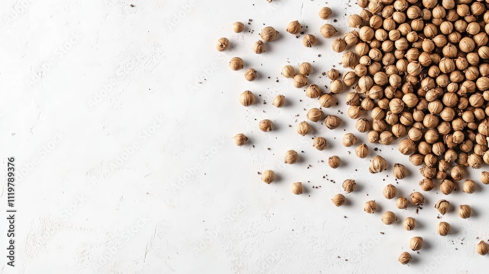 Coriander seeds scattered across a clean white background, with selective focus enhancing their texture and color variations, food photography, culinary, spices, herbs. Coriander seeds scattered across a clean white background, with selective focus enhancing their texture and color variations, food photography, culinary, spices, herbs.