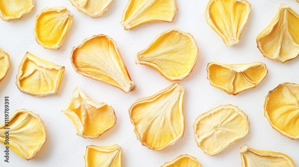 Dried jackfruit slices arranged aesthetically on a clean white background for culinary and health-focused visuals Dried jackfruit slices arranged aesthetically on a clean white background for culinary and health-focused visuals