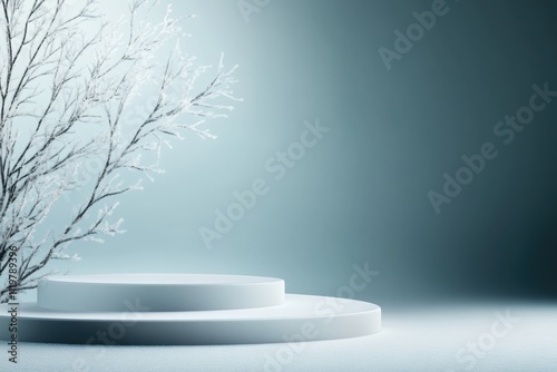 winter event decor, podium adorned with winter greens on a frosty stage, framed by icy branches against a clear winter sky photo