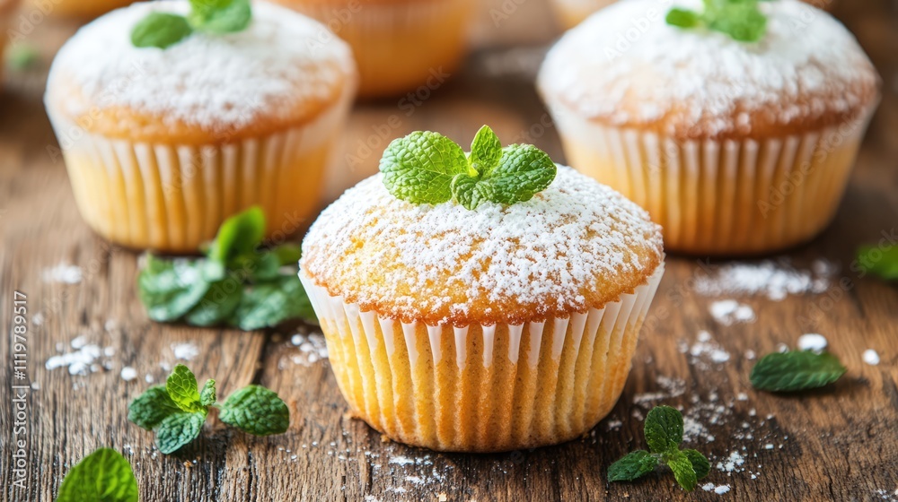 Muffin cakes dusted with powdered sugar and garnished with mint on a rustic wooden background Muffin cakes dusted with powdered sugar and garnished with mint on a rustic wooden background