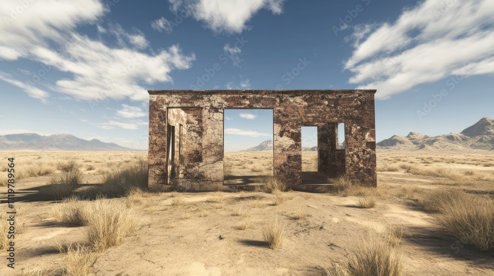 Abandoned building in arid desert landscape with dramatic sky and distant mountains showcasing a sense of isolation and desolation.
