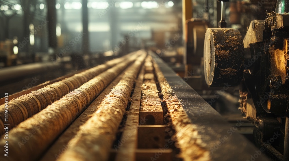 Woodworking machinery in a large factory with logs being processed in a well-lit industrial environment showcasing production lines. Woodworking machinery in a large factory with logs being processed in a well-lit industrial environment showcasing production lines.