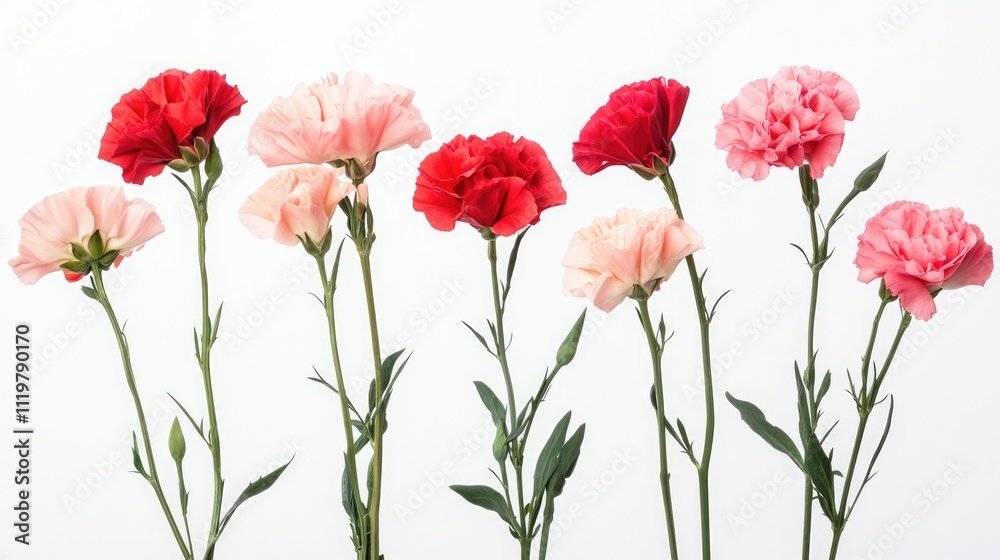 Obraz premium Collage of red and pink carnations arranged vertically on a clean white background, featuring delicate petals and green stems, floral, nature, decoration, vibrant colors.