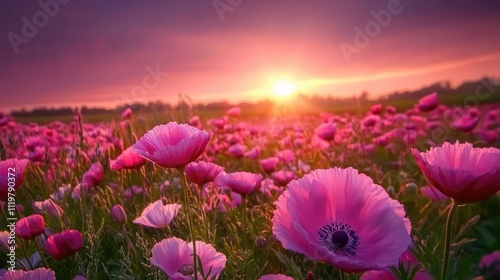 Vibrant field of blooming flowers in a green meadow during a serene spring sunset with a colorful sky and warm evening light.