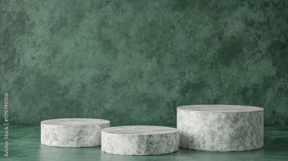 Fototapeta premium Decorative stone podiums on textured green backdrop for minimalistic product display and artistic presentations