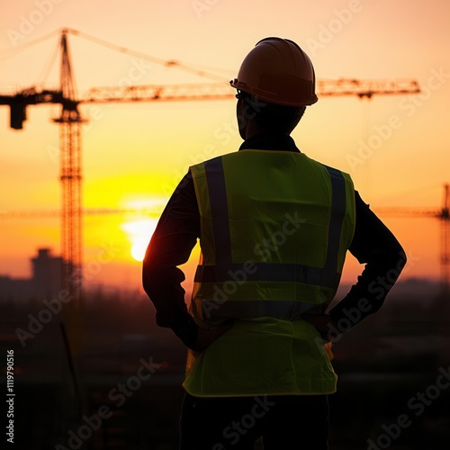 Construction worker overseeing sunset project development urban skyline industrial setting wide angle safety awareness photo