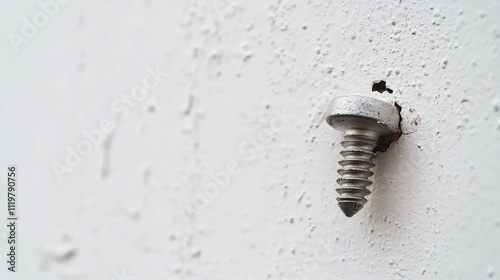 Detailed close-up view of a metal screw embedded in a textured white wall, showcasing surface imperfections and shadows, industrial, construction, hardware, macro photography. photo