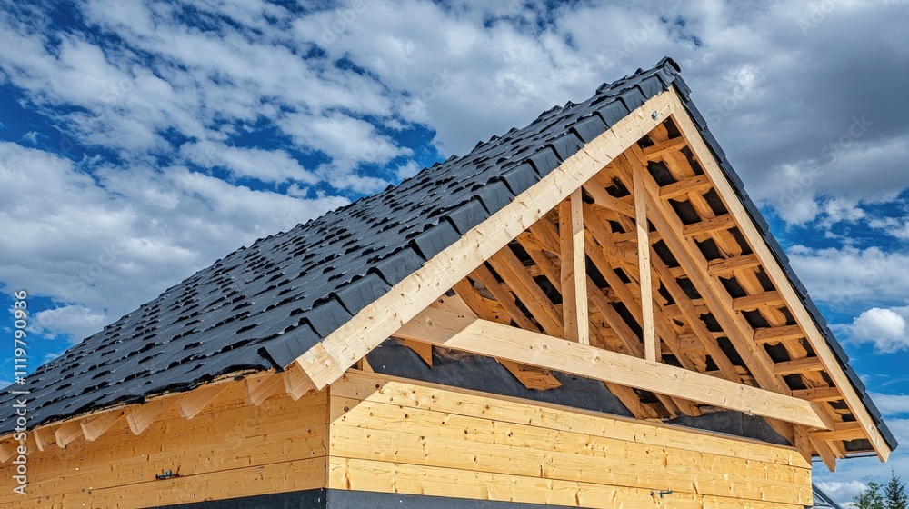 Obraz premium Facade renovation with thermal improvement featuring modern farmhouse roof soffit installation on wooden rafters against a cloudy sky.