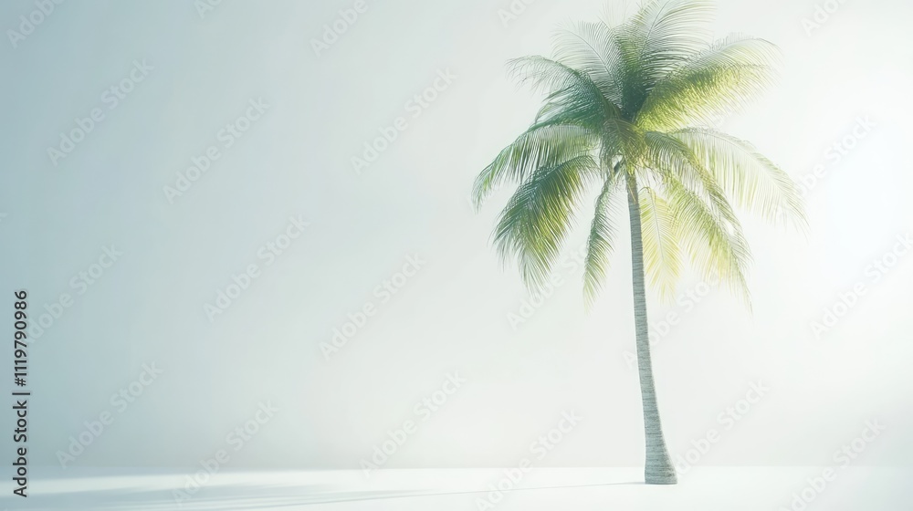 Lone coconut palm tree against a soft white background, showcasing delicate fronds swaying gently, minimalistic design, tropical nature, serenity, solitude. Lone coconut palm tree against a soft white background, showcasing delicate fronds swaying gently, minimalistic design, tropical nature, serenity, solitude.