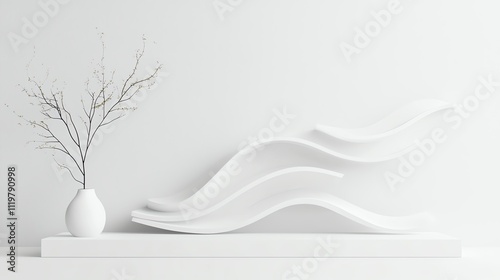 Minimalist white sculpture and vase with branches on a sleek shelf enhancing modern interior decor.