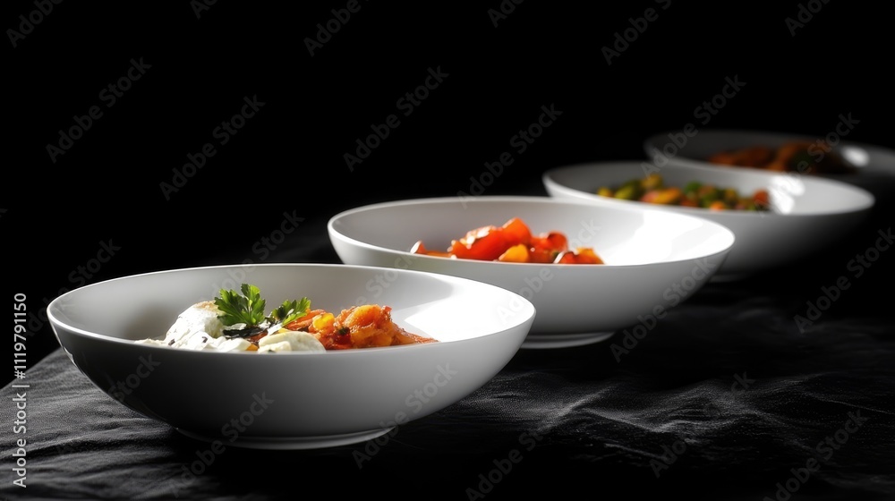 Vibrant Indian Cuisine Displayed in Elegant Bowls Against a Dark Background Ideal for Culinary and Cultural Promotions Vibrant Indian Cuisine Displayed in Elegant Bowls Against a Dark Background Ideal for Culinary and Cultural Promotions