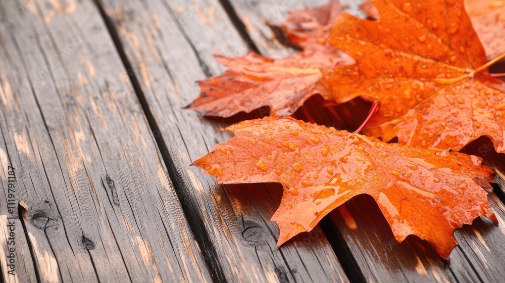 Obraz premium Close up of vibrant wet autumn leaves showcasing bright orange and brown hues on a rustic wooden surface highlighting seasonal transition