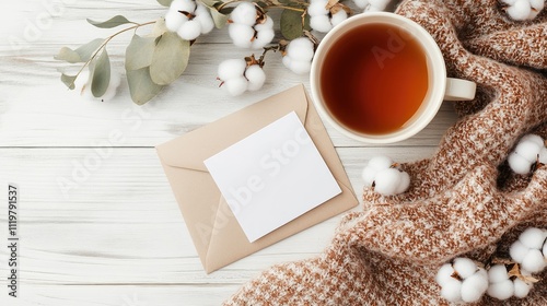 Cozy tea arrangement with envelope and cotton balls on white wooden background inviting for relaxation and creativity with ample copy space