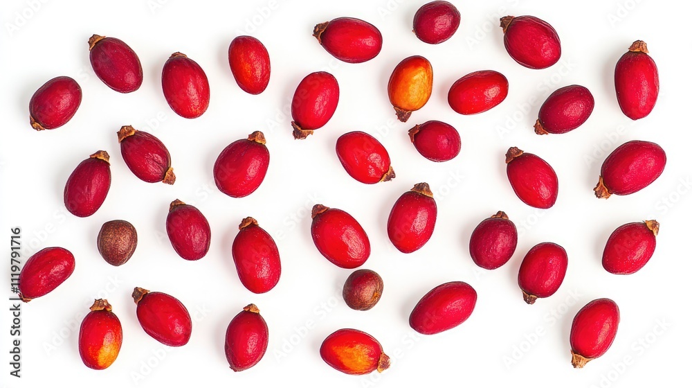 Dried barberry berries scattered on a clean white background showcasing their vibrant red color and unique shape for culinary or decorative use Dried barberry berries scattered on a clean white background showcasing their vibrant red color and unique shape for culinary or decorative use